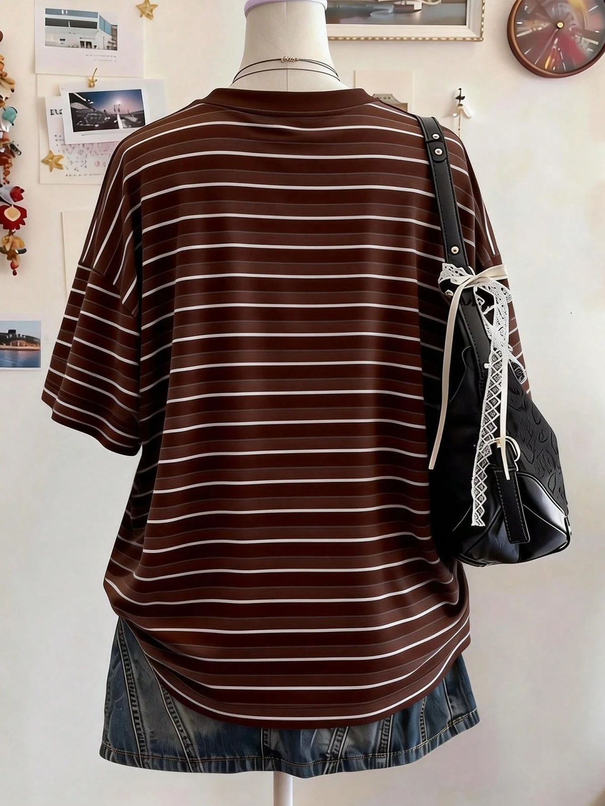 Lalippa Coffee Striped Digital Print Oversized Casual Mid-Length Round Neck Drop Shoulder Women T-Shirt, Gift For Friends