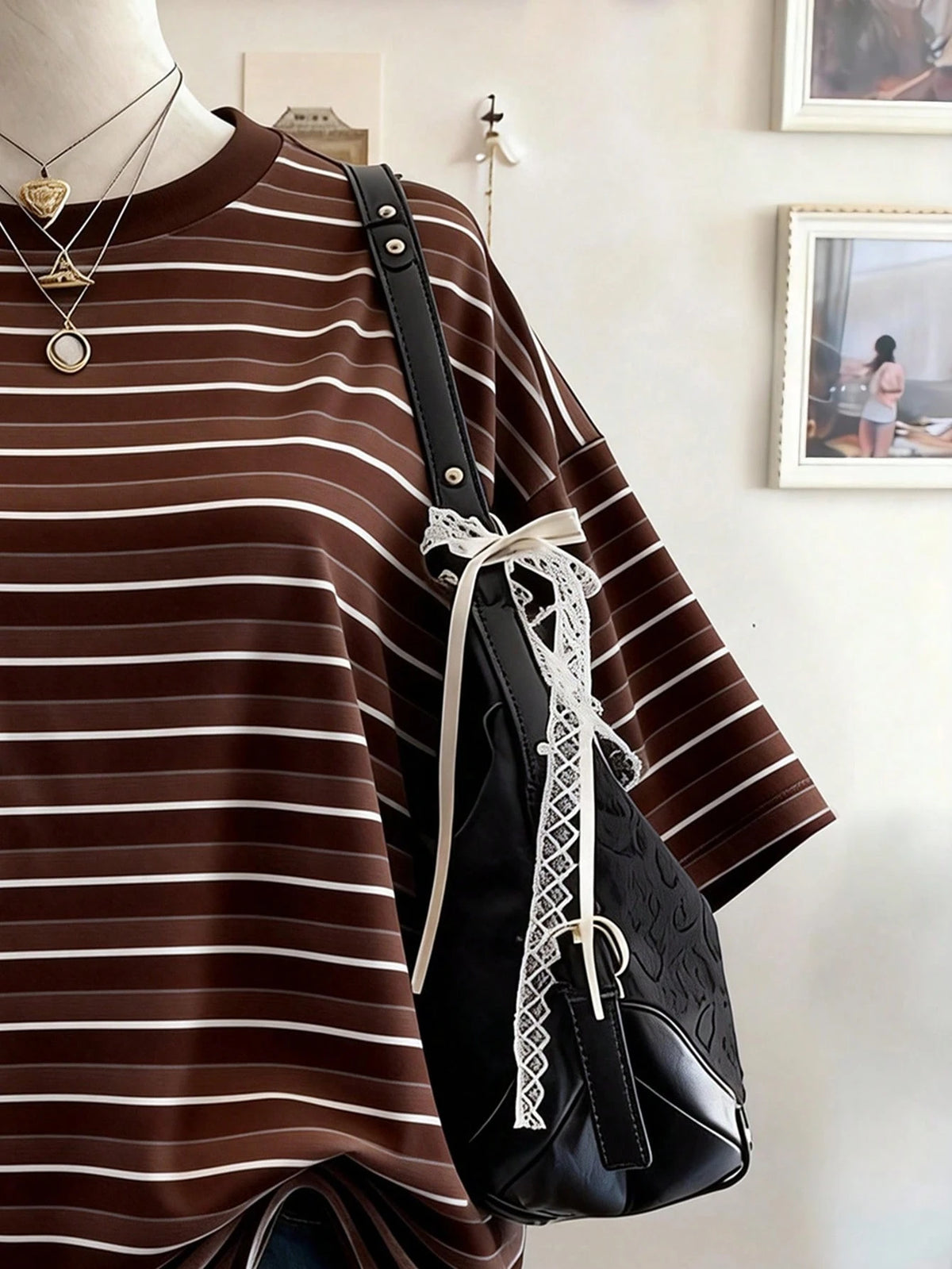 Lalippa Coffee Striped Digital Print Oversized Casual Mid-Length Round Neck Drop Shoulder Women T-Shirt, Gift For Friends