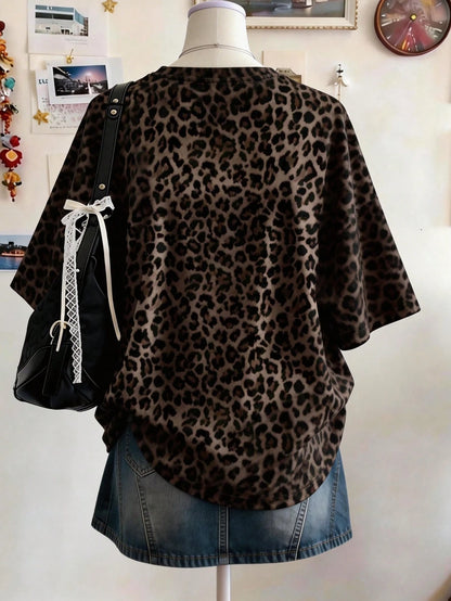 Lalippa Random Plaid Digital Print Casual Oversized Mid-Length Round Neck Drop Shoulder Women T-Shirt, Gift For Friends