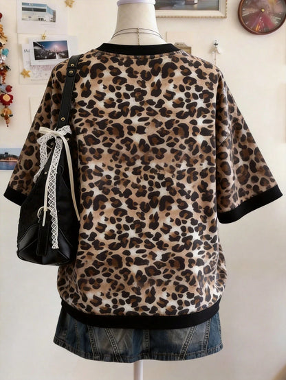 Lalippa Random Plaid Digital Print Casual Oversized Mid-Length Round Neck Drop Shoulder Women T-Shirt, Gift For Friends