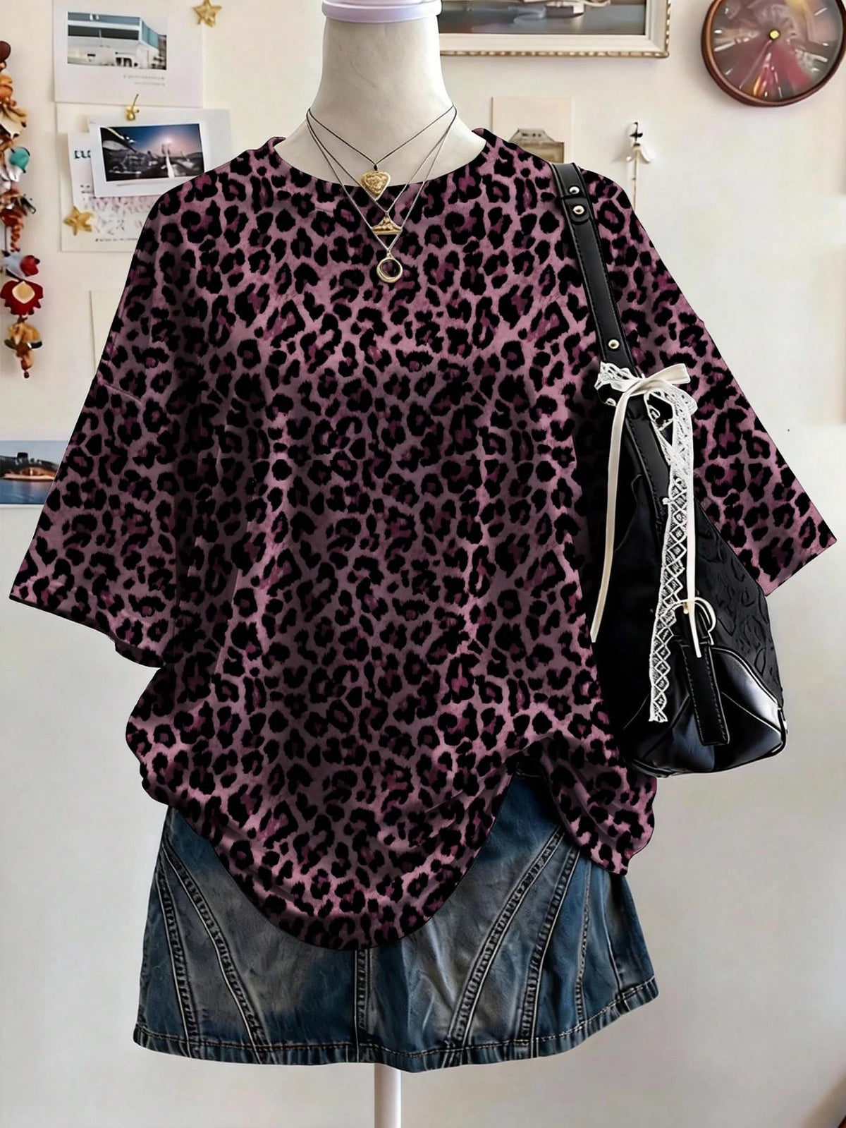 Lalippa Random Plaid Digital Print Casual Oversized Mid-Length Round Neck Drop Shoulder Women T-Shirt, Gift For Friends