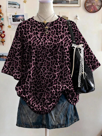 Lalippa Random Plaid Digital Print Casual Oversized Mid-Length Round Neck Drop Shoulder Women T-Shirt, Gift For Friends