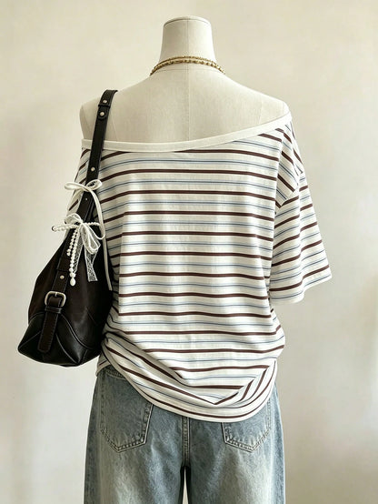 Lalippa Striped Digital Print Fashion Minimalist Women's Round Neck T-Shirt, Gift For Friends