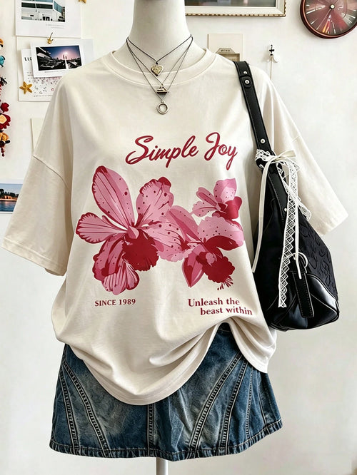 Lalippa Women's Letter & Floral Print Round Neck Casual Versatile Daily Wear Short Sleeve T-Shirt