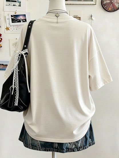 Lalippa Women's Letter & Floral Print Round Neck Casual Versatile Daily Wear Short Sleeve T-Shirt