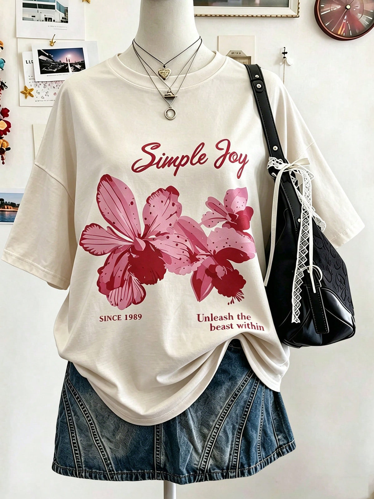 Lalippa Women's Letter & Floral Print Round Neck Casual Versatile Daily Wear Short Sleeve T-Shirt