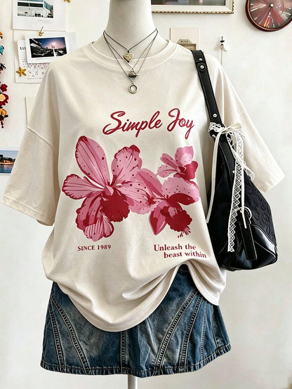 Lalippa Women's Letter & Floral Print Round Neck Casual Versatile Daily Wear Short Sleeve T-Shirt