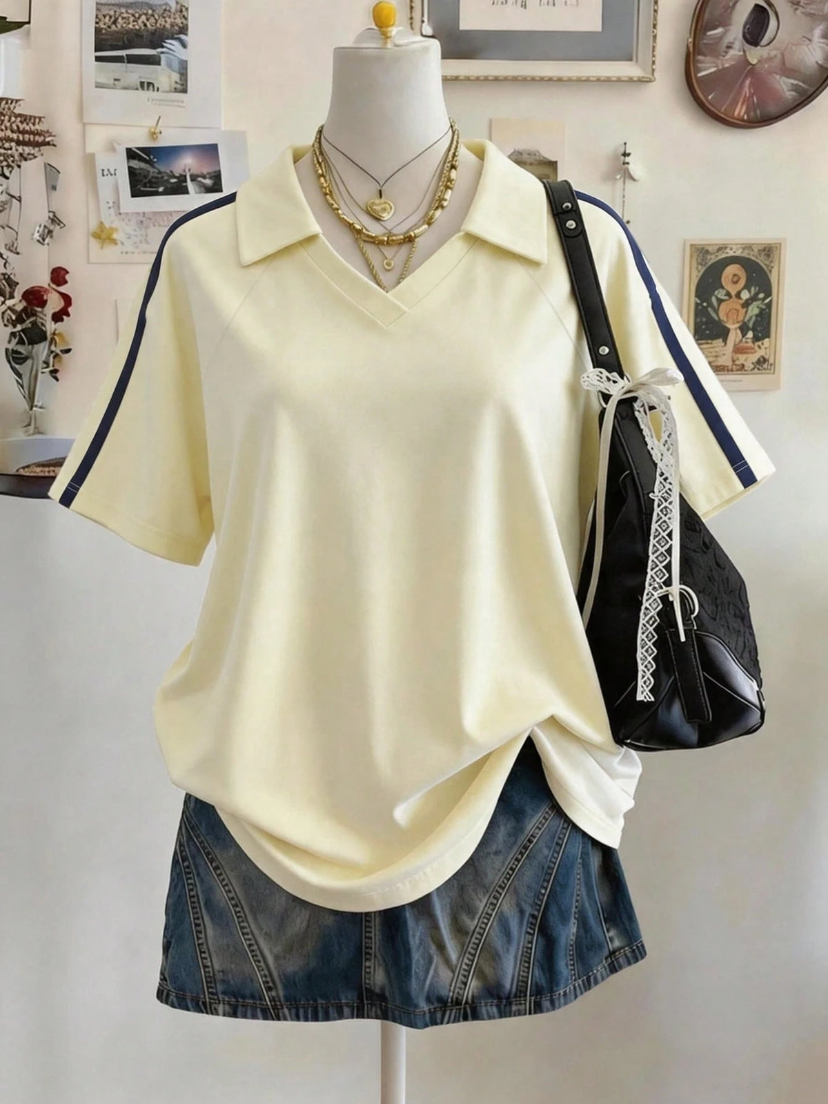 Lalippa Woven Strap Crafted Fashionable Minimalist Women V-Neck Drop Shoulder Short Sleeve T-Shirt, Gift For Friends