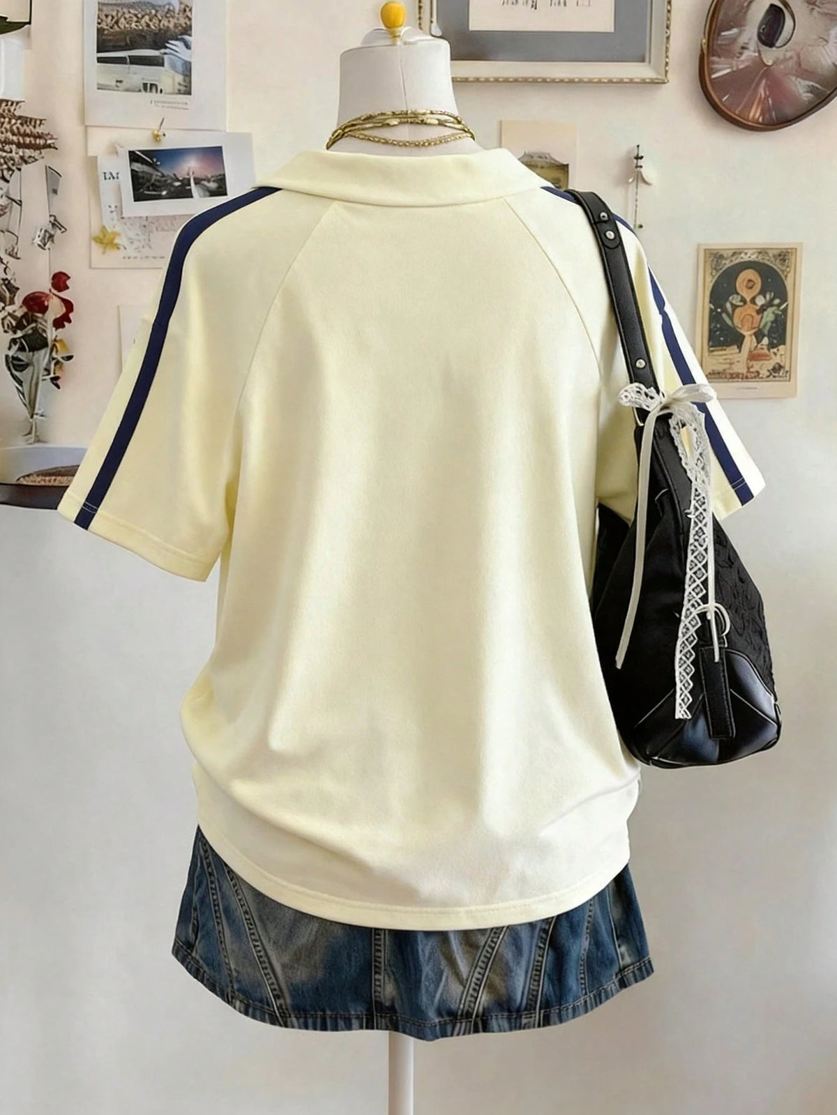 Lalippa Woven Strap Crafted Fashionable Minimalist Women V-Neck Drop Shoulder Short Sleeve T-Shirt, Gift For Friends