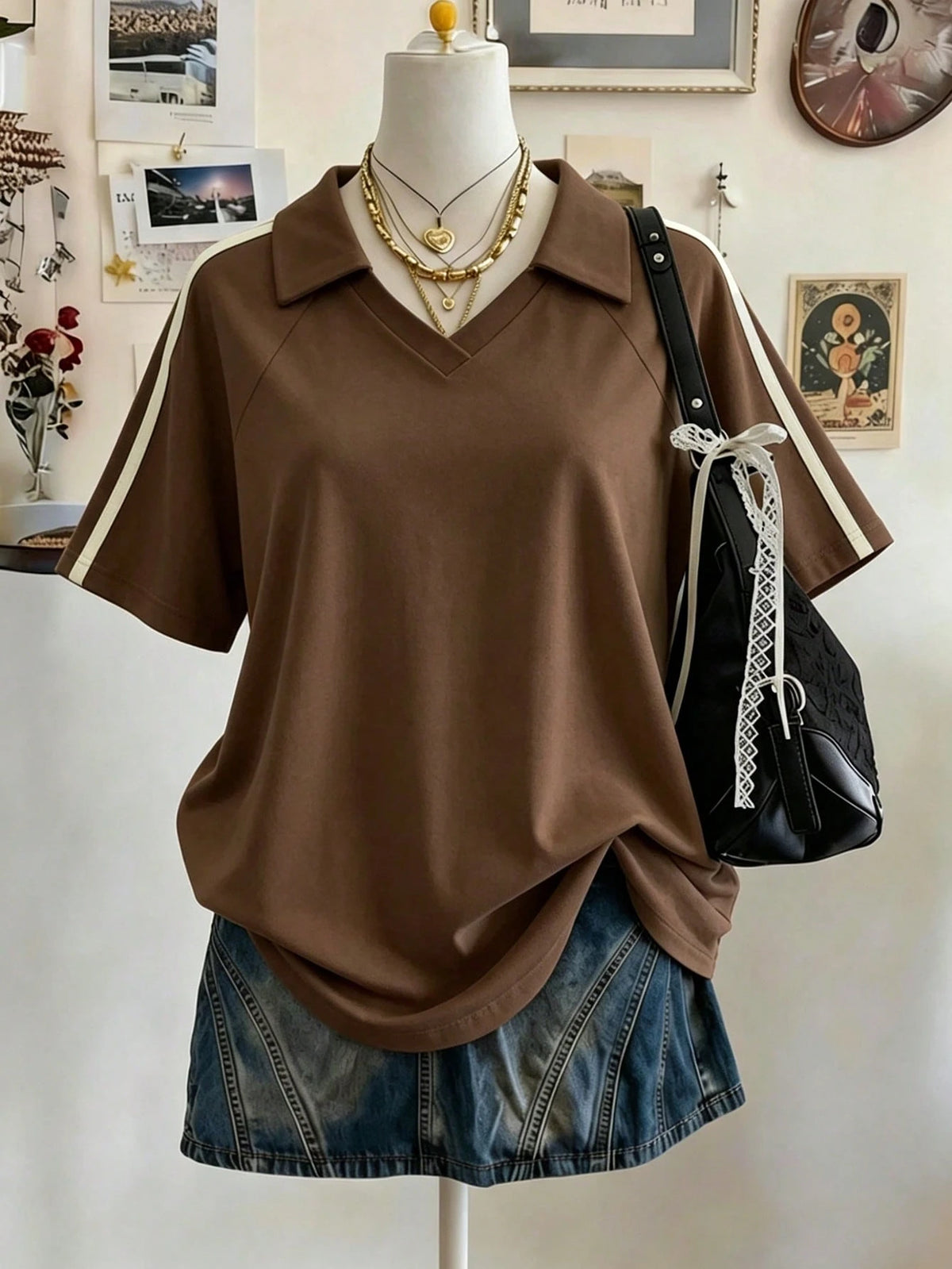 Lalippa Woven Strap Crafted Fashionable Minimalist Women V-Neck Drop Shoulder Short Sleeve T-Shirt, Gift For Friends
