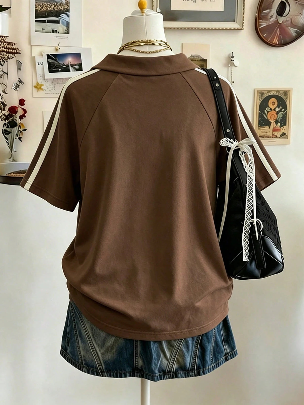 Lalippa Woven Strap Crafted Fashionable Minimalist Women V-Neck Drop Shoulder Short Sleeve T-Shirt, Gift For Friends