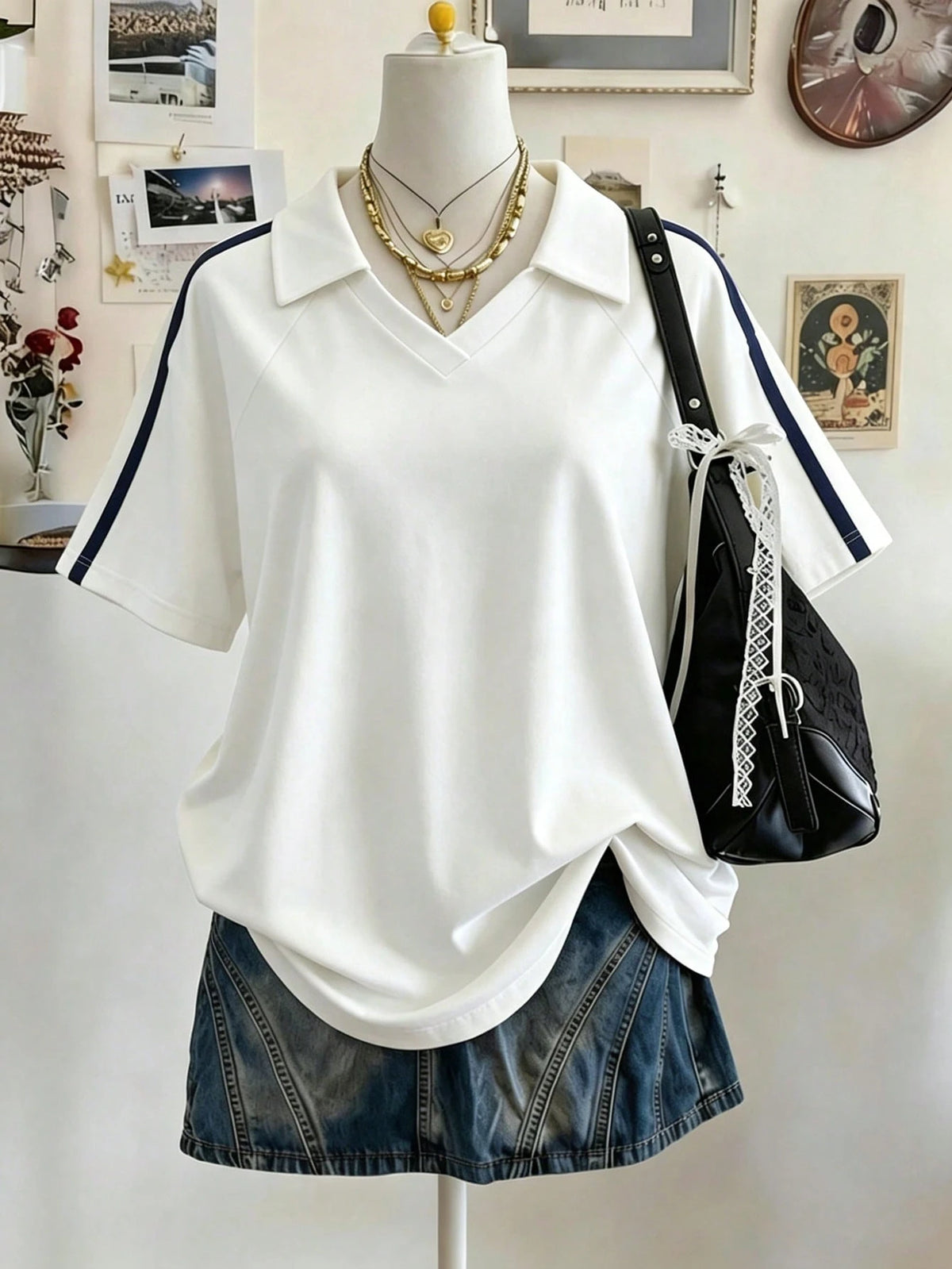Lalippa Woven Strap Crafted Fashionable Minimalist Women V-Neck Drop Shoulder Short Sleeve T-Shirt, Gift For Friends