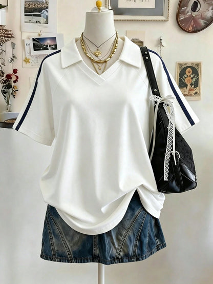 Lalippa Woven Strap Crafted Fashionable Minimalist Women V-Neck Drop Shoulder Short Sleeve T-Shirt, Gift For Friends