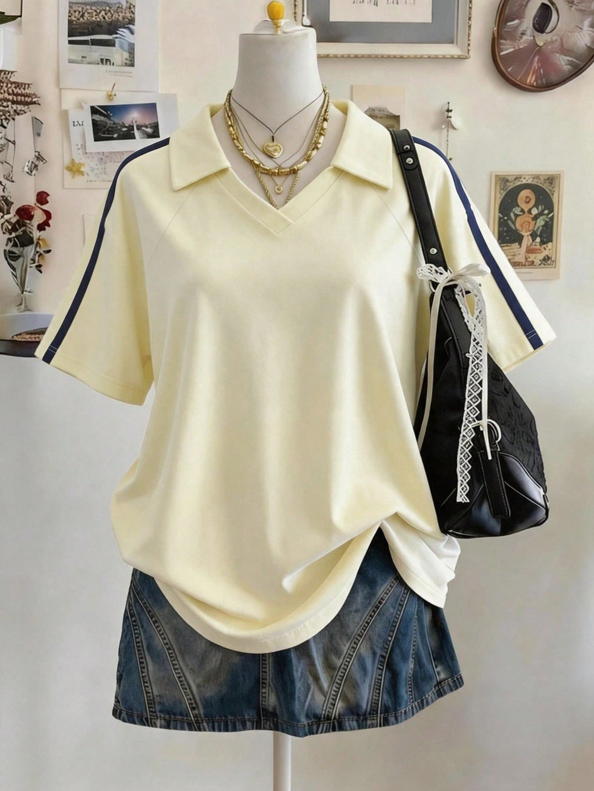 Lalippa Woven Strap Crafted Fashionable Minimalist Women V-Neck Drop Shoulder Short Sleeve T-Shirt, Gift For Friends