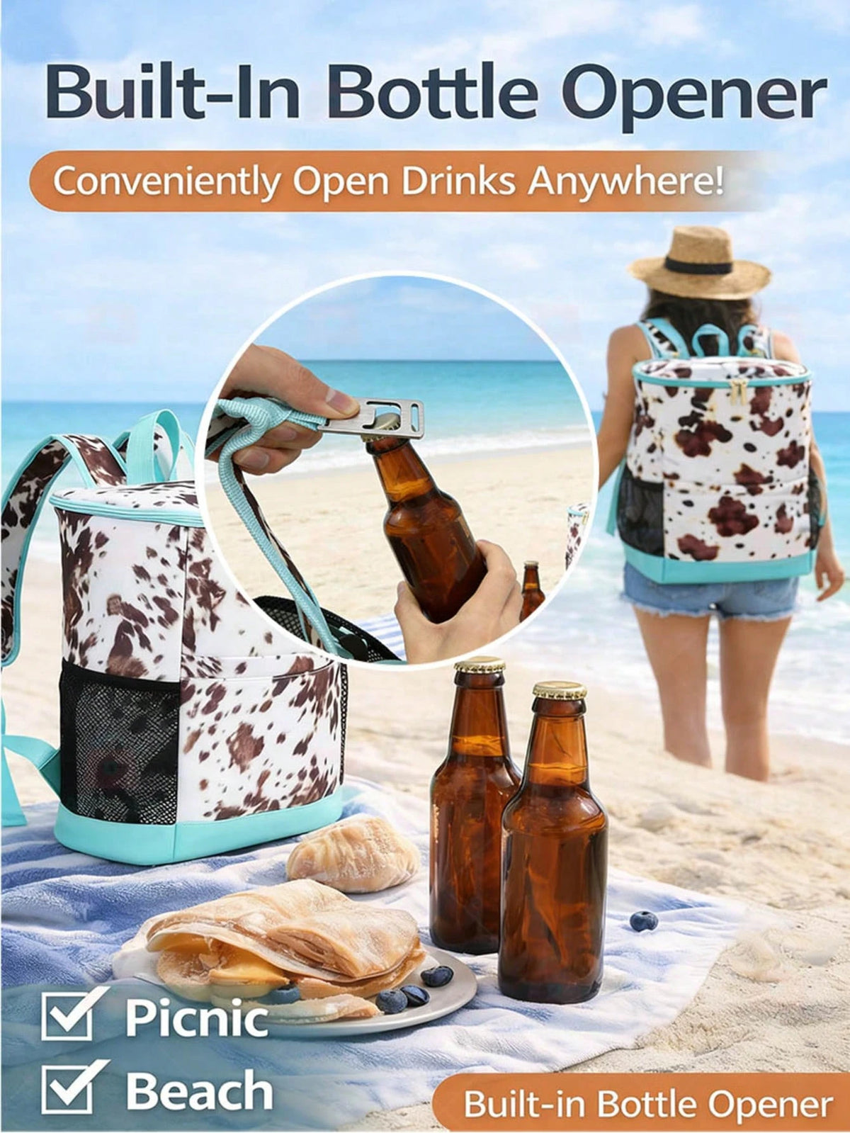 Large Capacity Picnic Cooler Backpack, 30L Leak Resistant Insulated Soft Cooler With Easy Clean Lining, Bottle Opener And Front Pocket