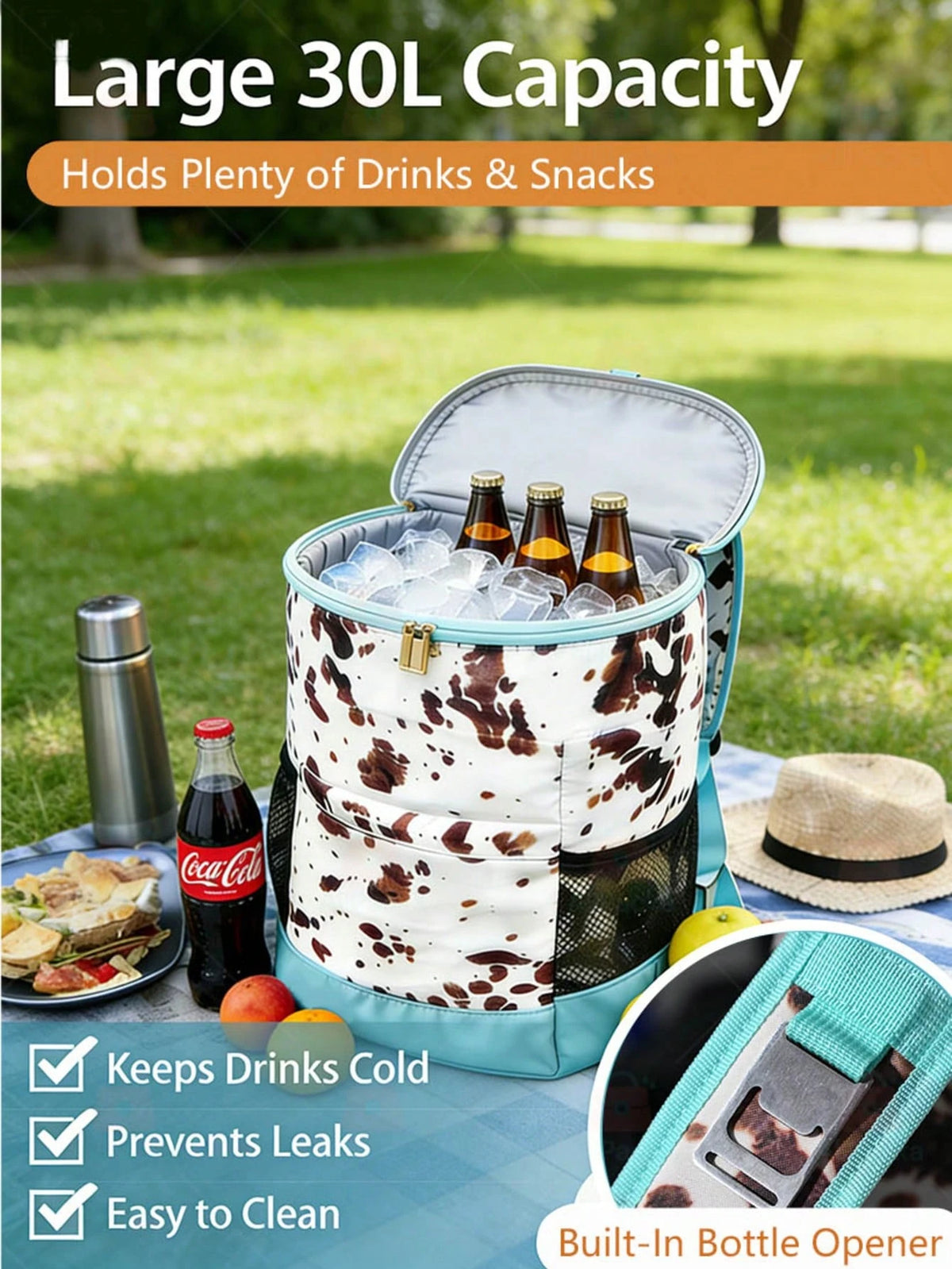 Large Capacity Picnic Cooler Backpack, 30L Leak Resistant Insulated Soft Cooler With Easy Clean Lining, Bottle Opener And Front Pocket
