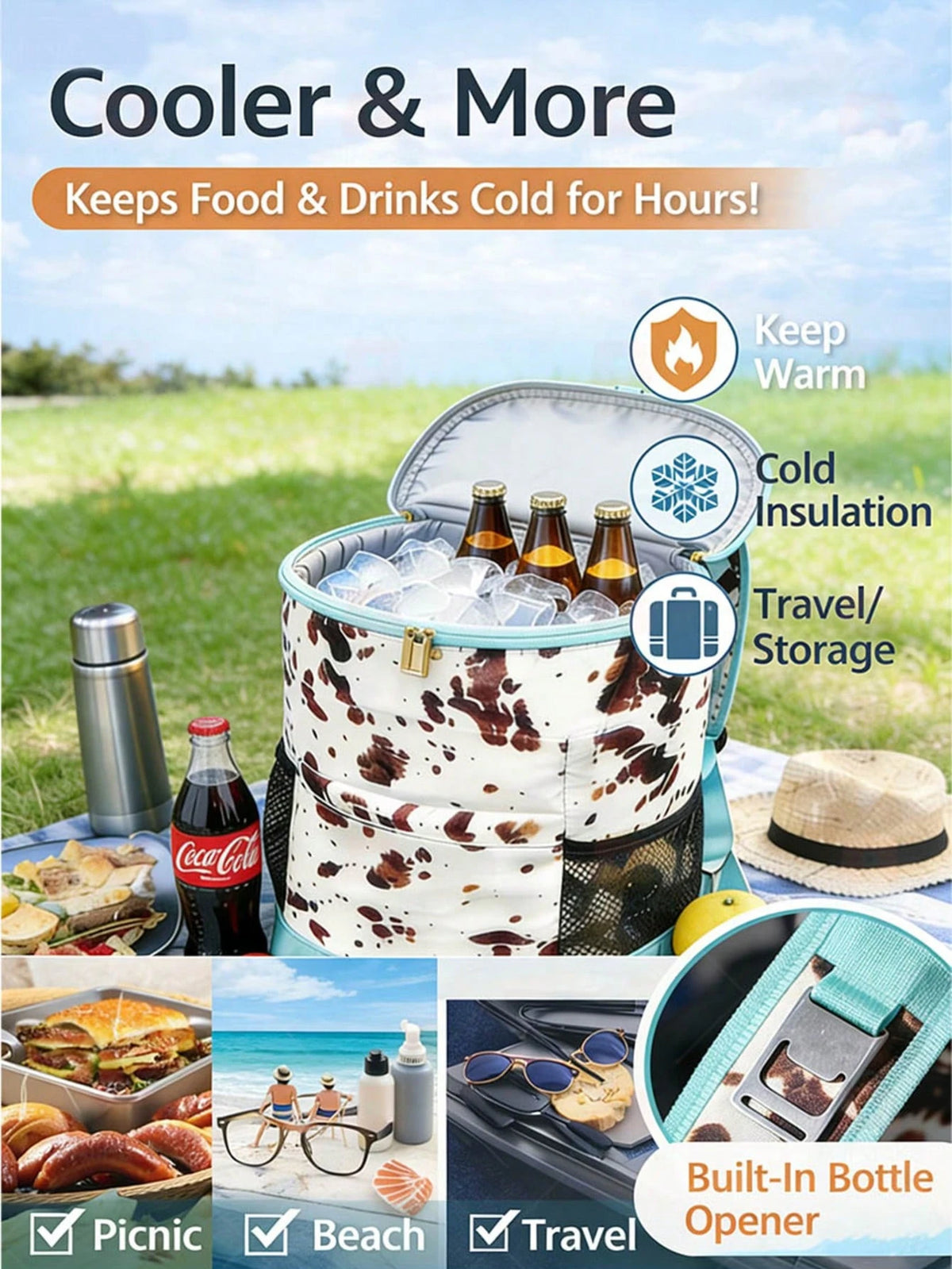 Large Capacity Picnic Cooler Backpack, 30L Leak Resistant Insulated Soft Cooler With Easy Clean Lining, Bottle Opener And Front Pocket