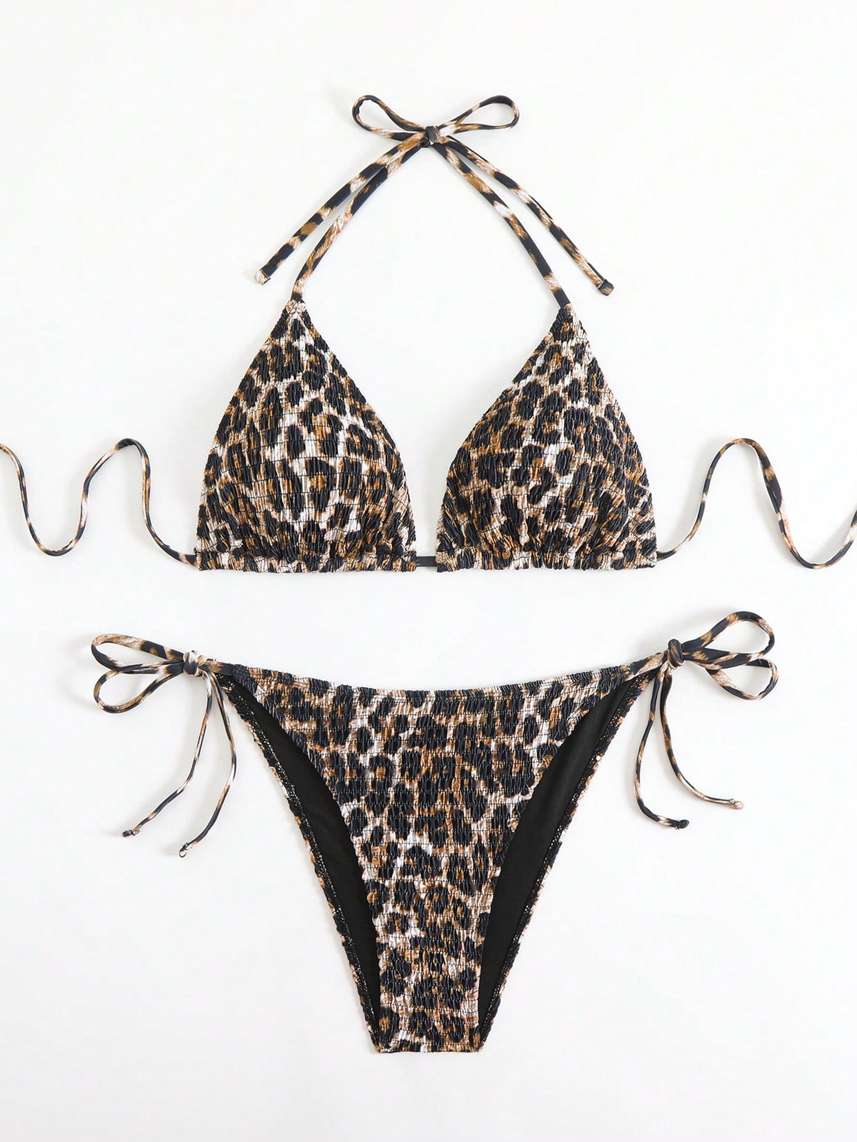 Latest Plus Size Backless Leopard Print Casual Sexy Ruched Bikini Top, Side Tie Thong Swimwear Set, Medium Stretch Vacation Beach Summer