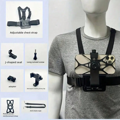 LEATVOOK Adjustable Chest Mount Phone Holder Harness- Compatible With IPhone, GoPro, Insta360, Action Cameras- Black Padded Design For Biking, Kayaking, Fishing, Skateboarding POV/VLOG Recording, Ad