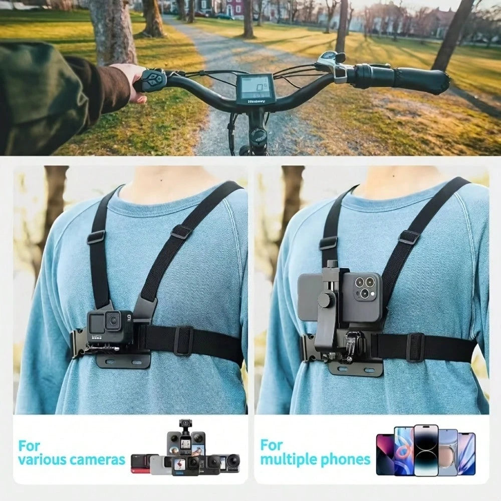 LEATVOOK Adjustable Chest Mount Phone Holder Harness- Compatible With IPhone, GoPro, Insta360, Action Cameras- Black Padded Design For Biking, Kayaking, Fishing, Skateboarding POV/VLOG Recording, Ad