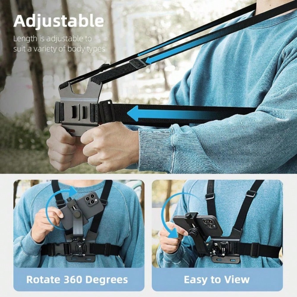 LEATVOOK Adjustable Chest Mount Phone Holder Harness- Compatible With IPhone, GoPro, Insta360, Action Cameras- Black Padded Design For Biking, Kayaking, Fishing, Skateboarding POV/VLOG Recording, Ad