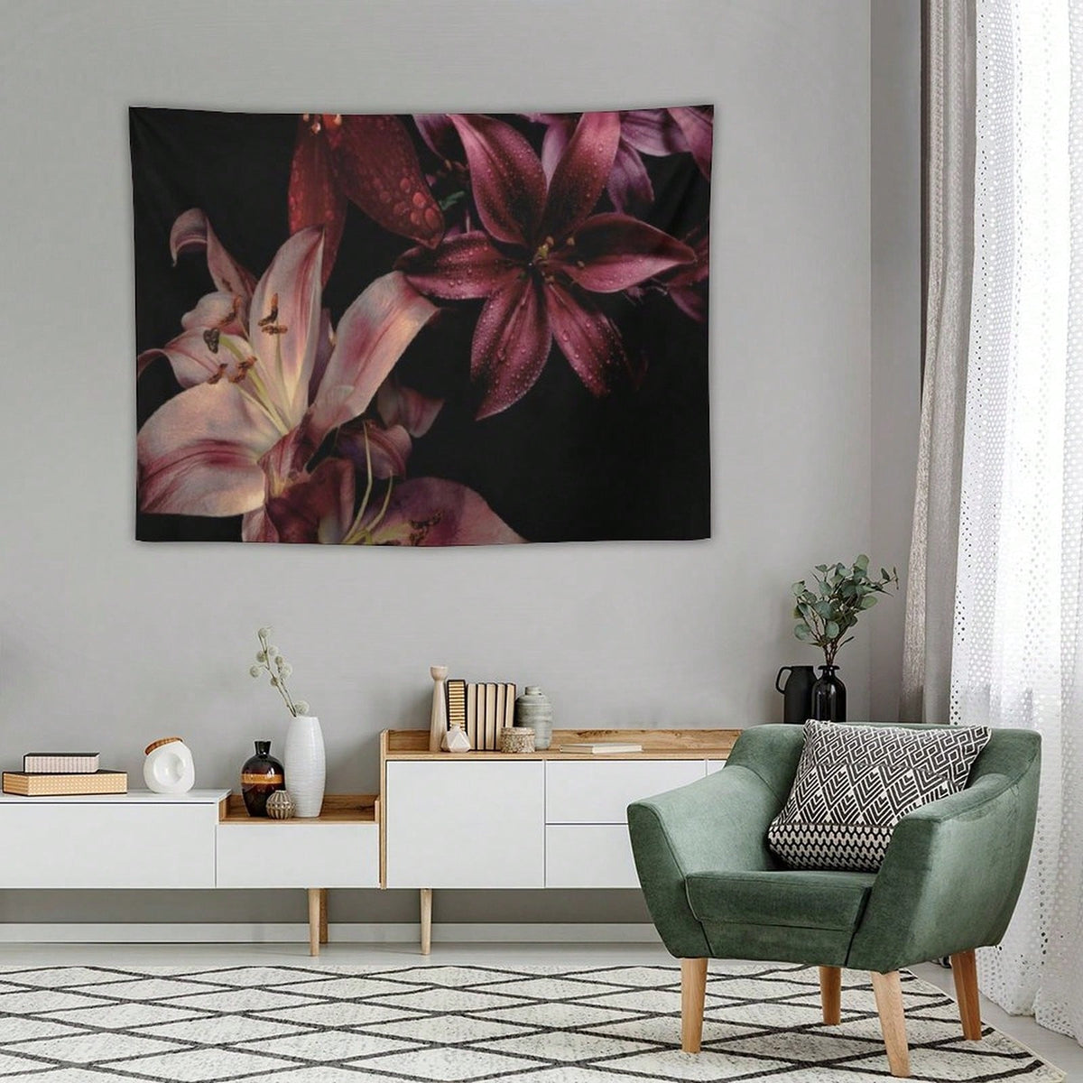 Lily Flower Tapestry As Wall Art Tropical Blossom Leaves Tapestry Aesthetic Landscape Tapestry Wall Hanging For Bedroom & Living Room