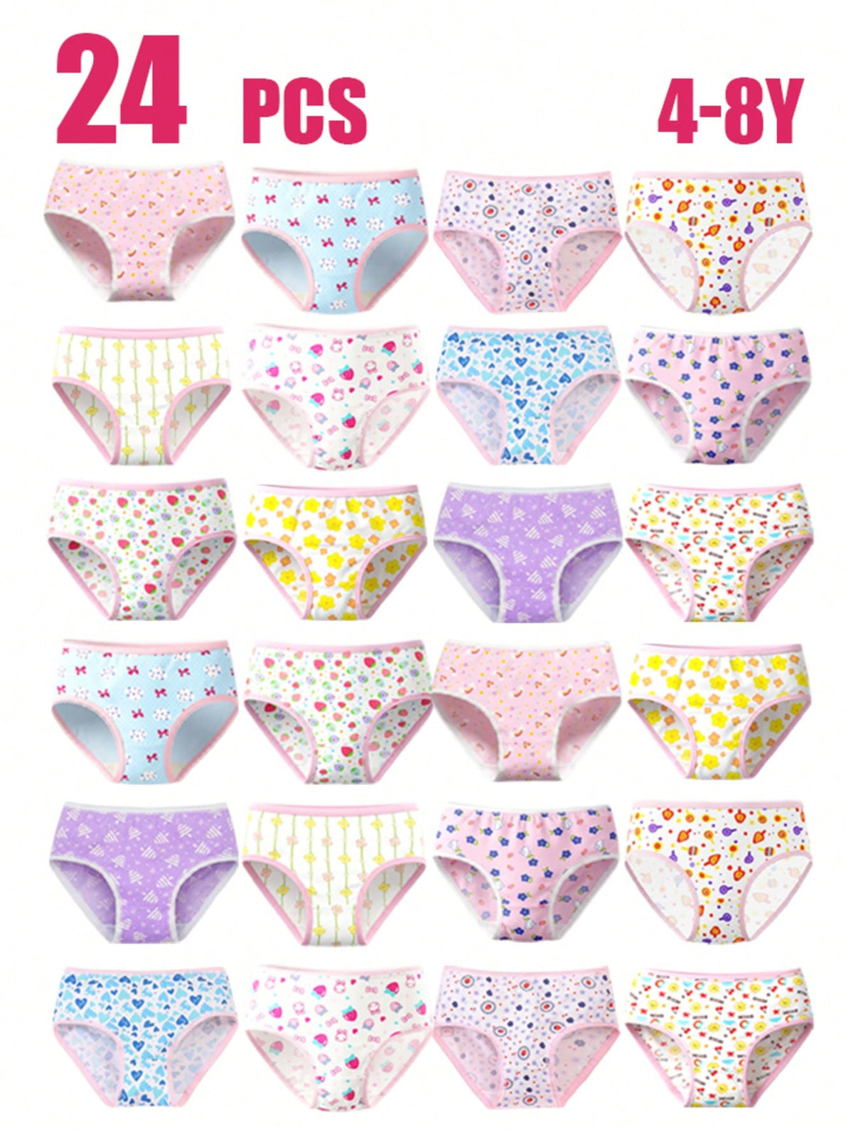 Little Girl Underwear Soft Comfortable Lovely Print 24 Pack Panties For Kids 4-8 Years
