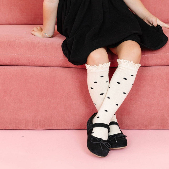 Little Stocking Co. Lace Top Knee High Socks - Vanilla Dot