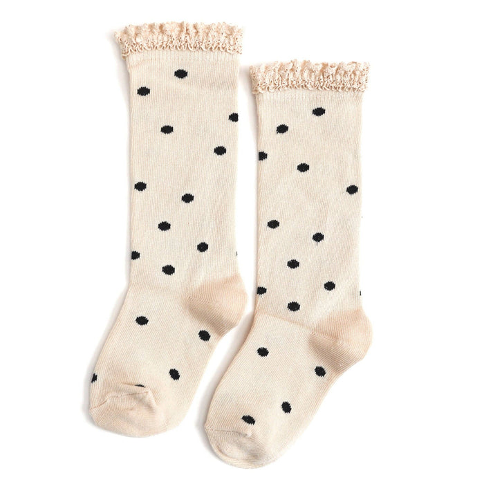 Little Stocking Co. Lace Top Knee High Socks - Vanilla Dot