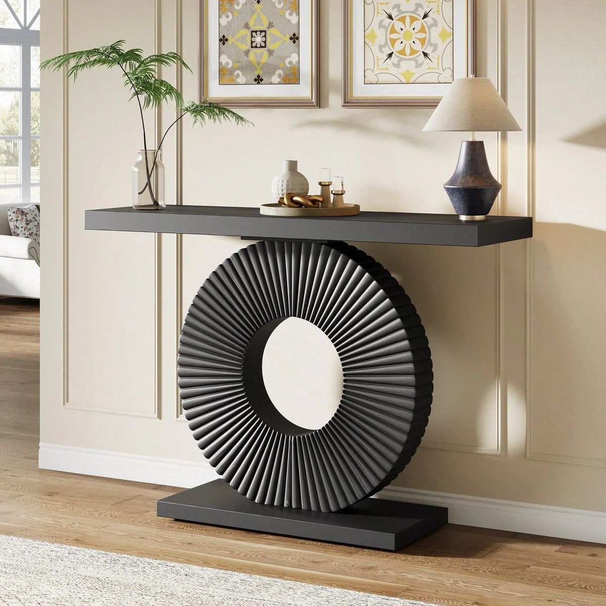 LITTLE TREE Modern Entryway Console Table, 39-Inch Wooden Narrow Sofa Table Behind Couch With Geometric Base, Contemporary Accent Table For Living Room, Entrance, Hallway, Black