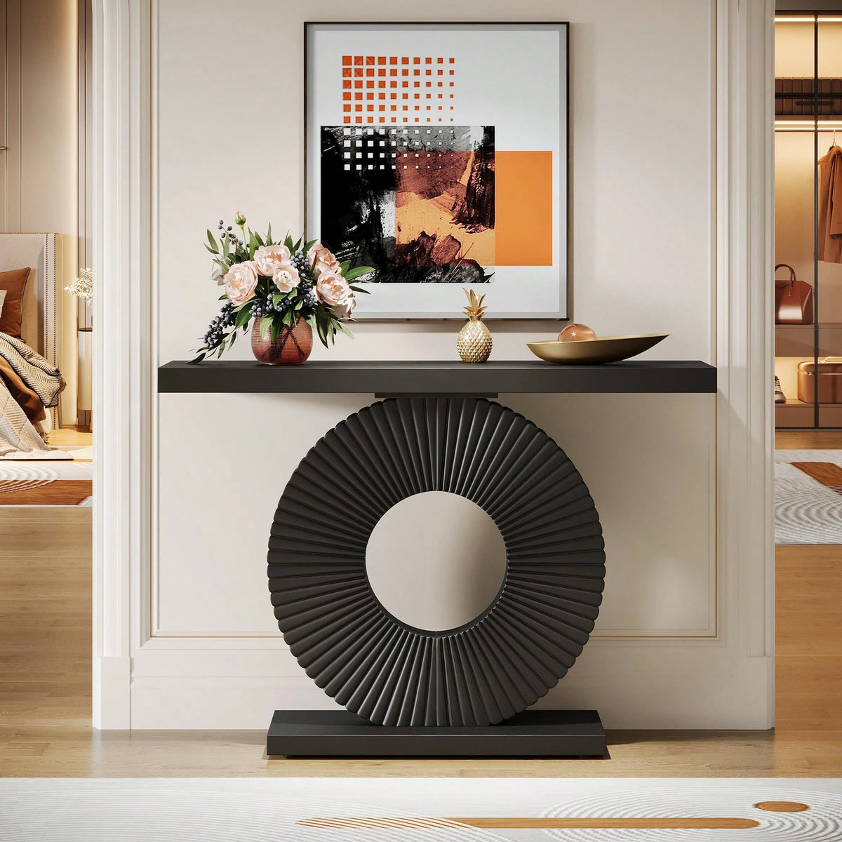 LITTLE TREE Modern Entryway Console Table, 39-Inch Wooden Narrow Sofa Table Behind Couch With Geometric Base, Contemporary Accent Table For Living Room, Entrance, Hallway, Black