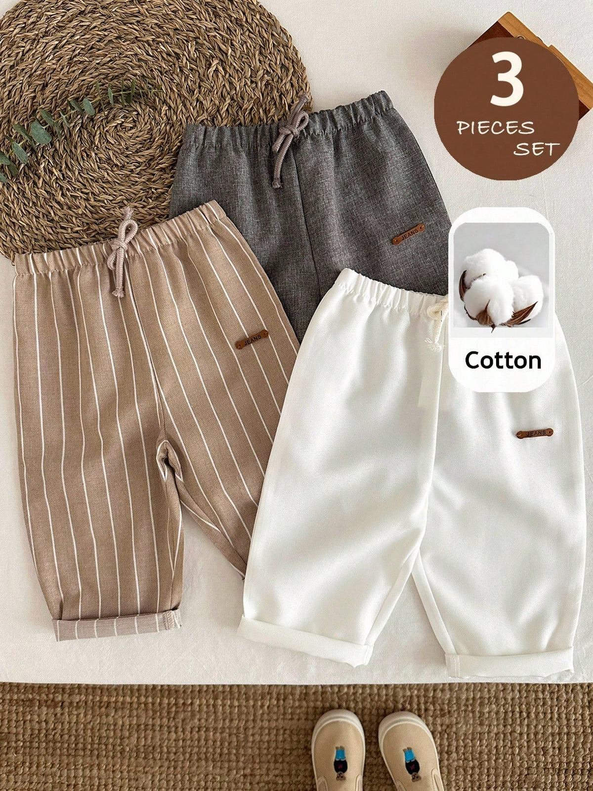 LMoss Kids Baby Boys Casual Long Pants Set Multicolor Polyester Bottoms 3 Pieces Everyday Style Elastic Waistband