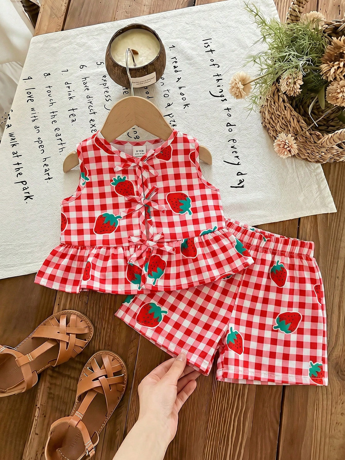 LMoss Kids Baby Girl Plaid Strawberry Print Ruffle Top And Shorts Casual Daily Outfit