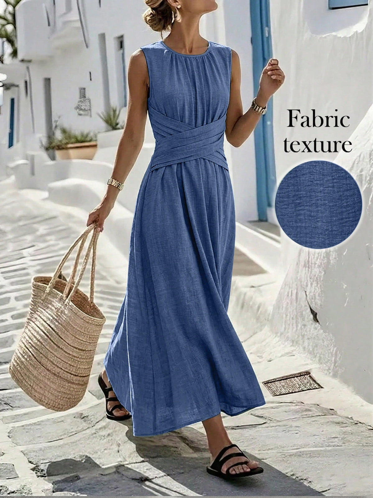 Louniche Women's Aqua Blue Summer Casual Holiday Vacation Holiday Sleeveless Dress,Criss-Cross Waist Design Elegant Minimalist Style Daily Afternoon Tea Wear