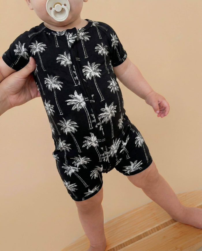 Lucky Panda Kids - Bamboo Shorty Romper - Palm Style Black (Final Sale)