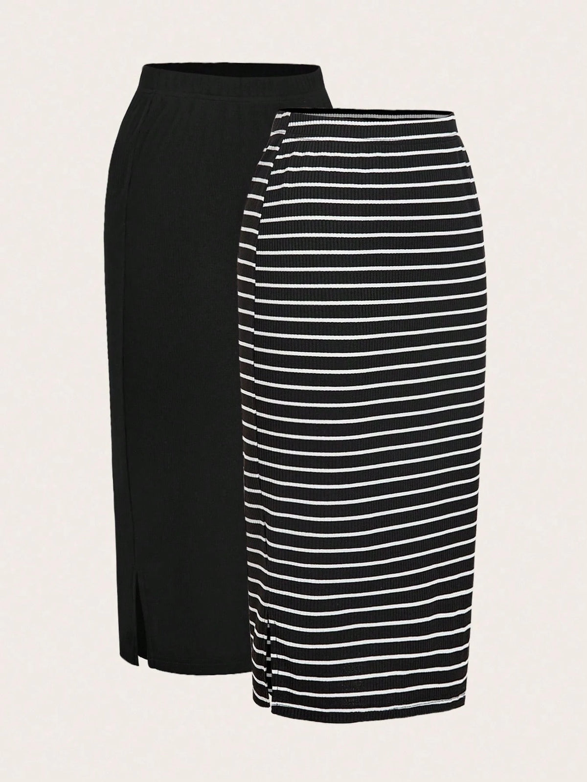 LUNE 2pcs Women Casual Black And White Striped Solid Pencil Maxi Skirt Set,Autumn Work Everyday Holiday Business Office Outfits,Back To School Teacher