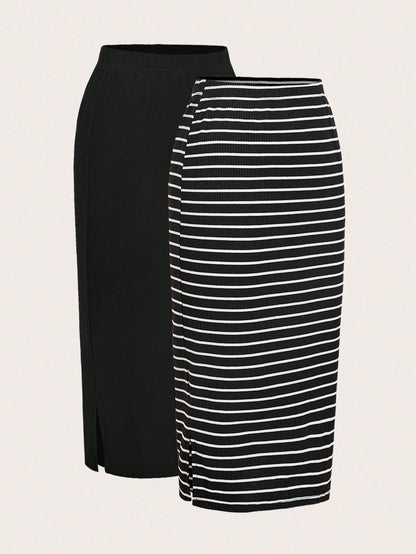 LUNE 2pcs Women Casual Black And White Striped Solid Pencil Maxi Skirt Set,Autumn Work Everyday Holiday Business Office Outfits,Back To School Teacher