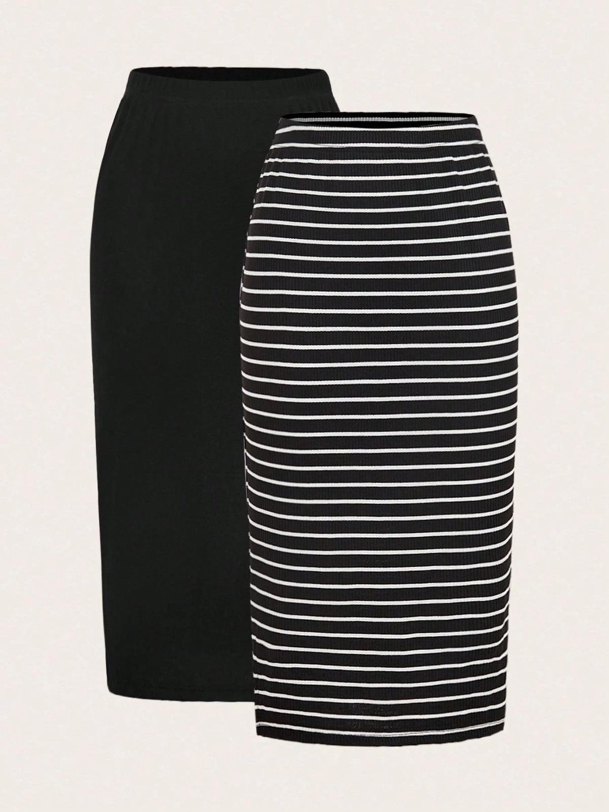 LUNE 2pcs Women Casual Black And White Striped Solid Pencil Maxi Skirt Set,Autumn Work Everyday Holiday Business Office Outfits,Back To School Teacher