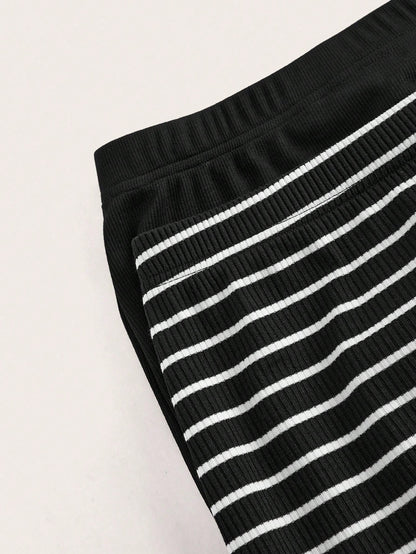 LUNE 2pcs Women Casual Black And White Striped Solid Pencil Maxi Skirt Set,Autumn Work Everyday Holiday Business Office Outfits,Back To School Teacher