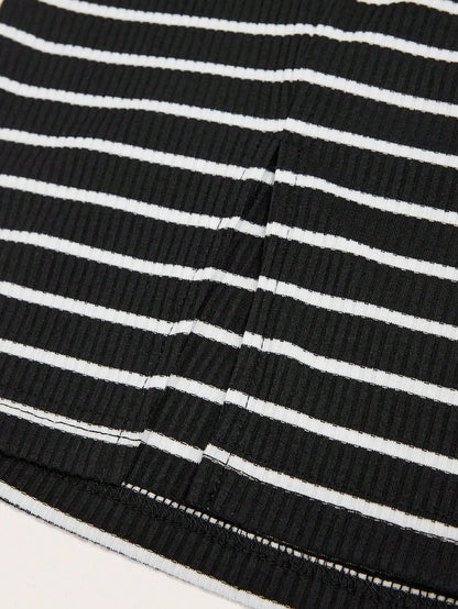LUNE 2pcs Women Casual Black And White Striped Solid Pencil Maxi Skirt Set,Autumn Work Everyday Holiday Business Office Outfits,Back To School Teacher