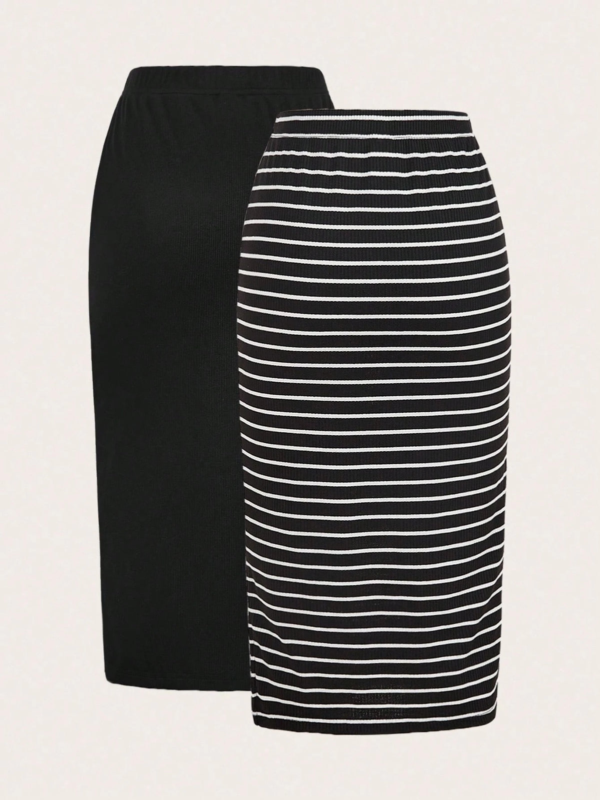 LUNE 2pcs Women Casual Black And White Striped Solid Pencil Maxi Skirt Set,Autumn Work Everyday Holiday Business Office Outfits,Back To School Teacher