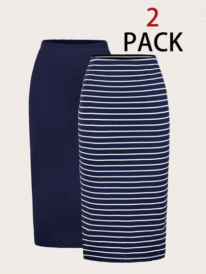 LUNE 2pcs Women Casual Black And White Striped Solid Pencil Maxi Skirt Set,Autumn Work Everyday Holiday Business Office Outfits,Back To School Teacher