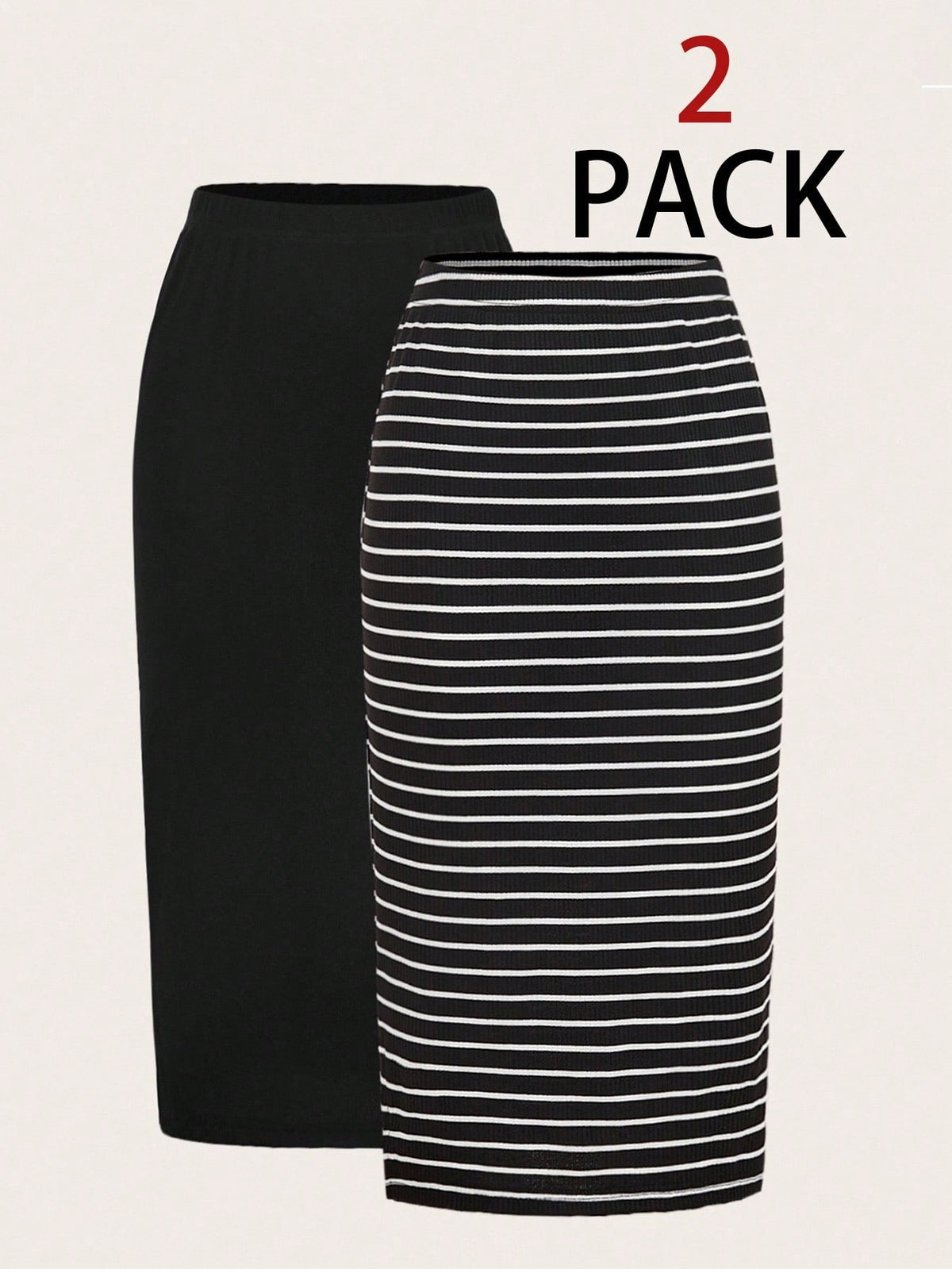 LUNE 2pcs Women Casual Black And White Striped Solid Pencil Maxi Skirt Set,Autumn Work Everyday Holiday Business Office Outfits,Back To School Teacher