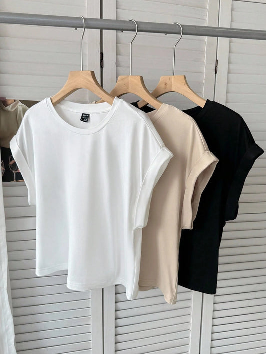 LUNE 3pcs/Set Women's Casual Solid Color Basic Short Sleeve T-Shirt,Cute Summer Crop Tops,White Pink Black,Everyday Streetwear Festival Everyday