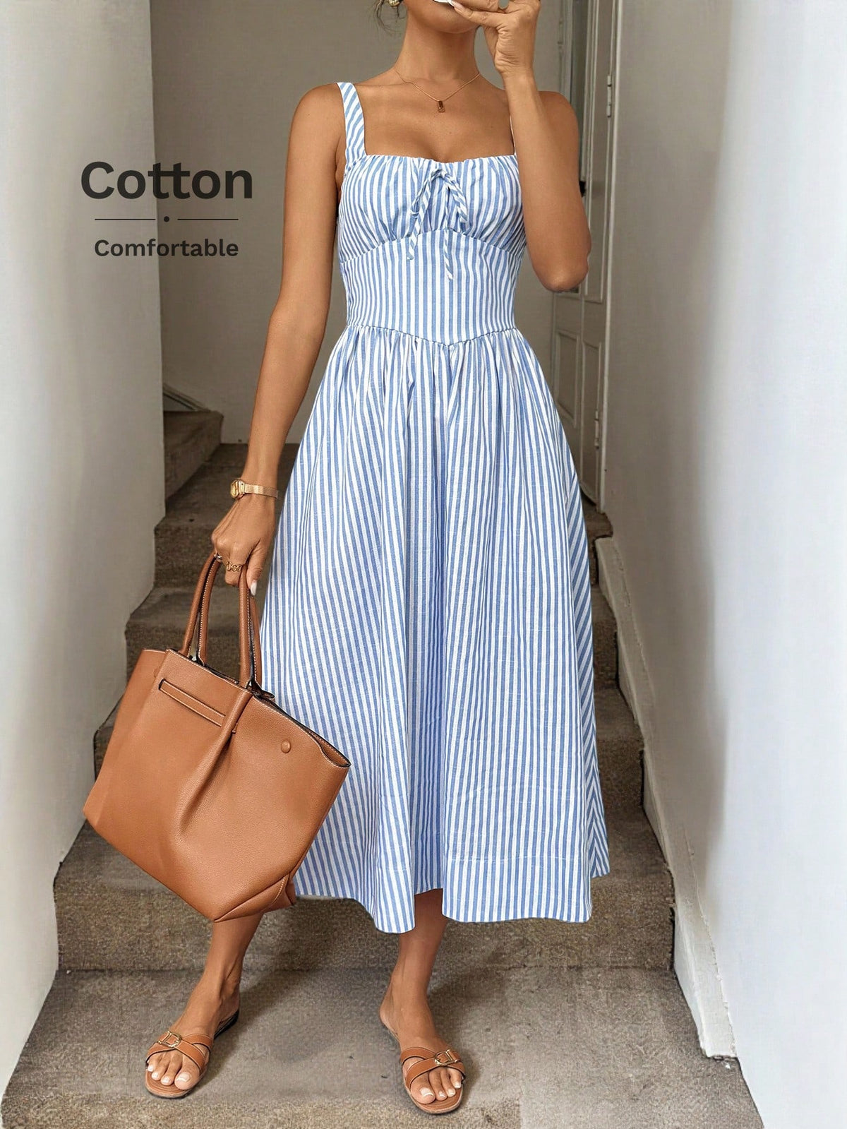 LUNE Ruched Tie Cinched Waist A-Line Midi Dress, Woven Striped Fabric, Casual Vacation Elegant Dress For Women, Spring/Summer,Summer Dresses For Women