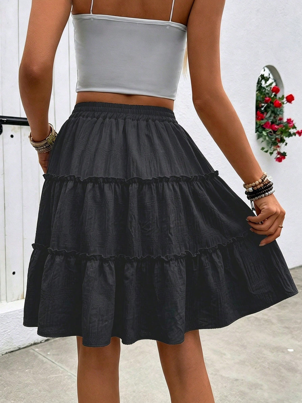 LUNE Spring Summer Casual Holiday Textured Fabric Ruffle Hem Women's A-Line Skirt, Fashionable Black Skirt Travel