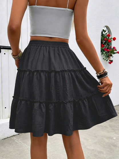 LUNE Spring Summer Casual Holiday Textured Fabric Ruffle Hem Women's A-Line Skirt, Fashionable Black Skirt Travel