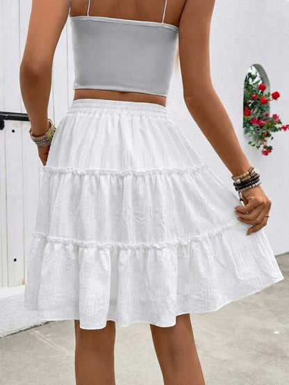 LUNE Spring Summer Casual Holiday Textured Fabric Ruffle Hem Women's A-Line Skirt, Fashionable Black Skirt Travel