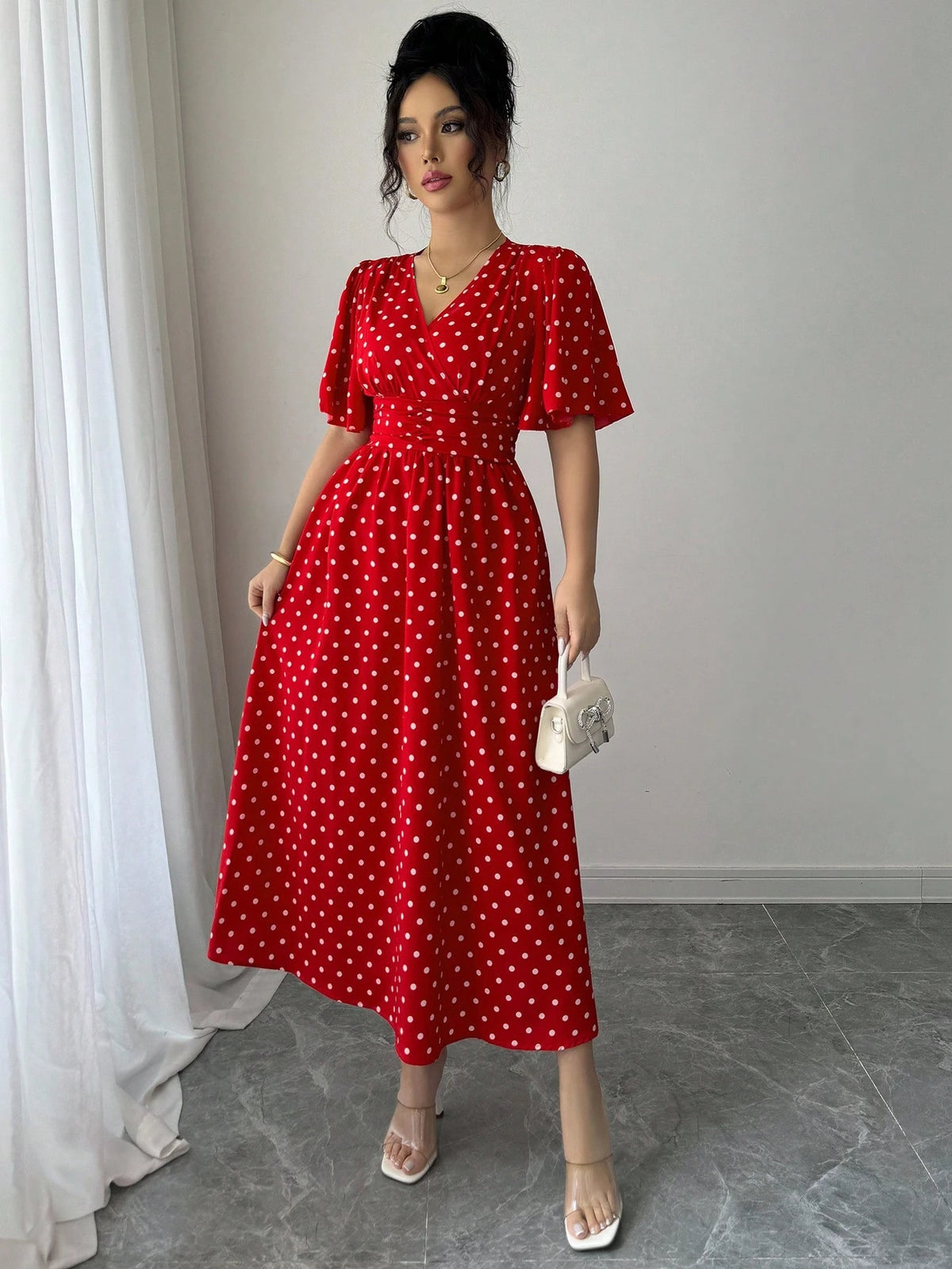 LUNE Women's Polka Dot Print Overlap V-Neck Short Sleeve Elegant Midi Dress