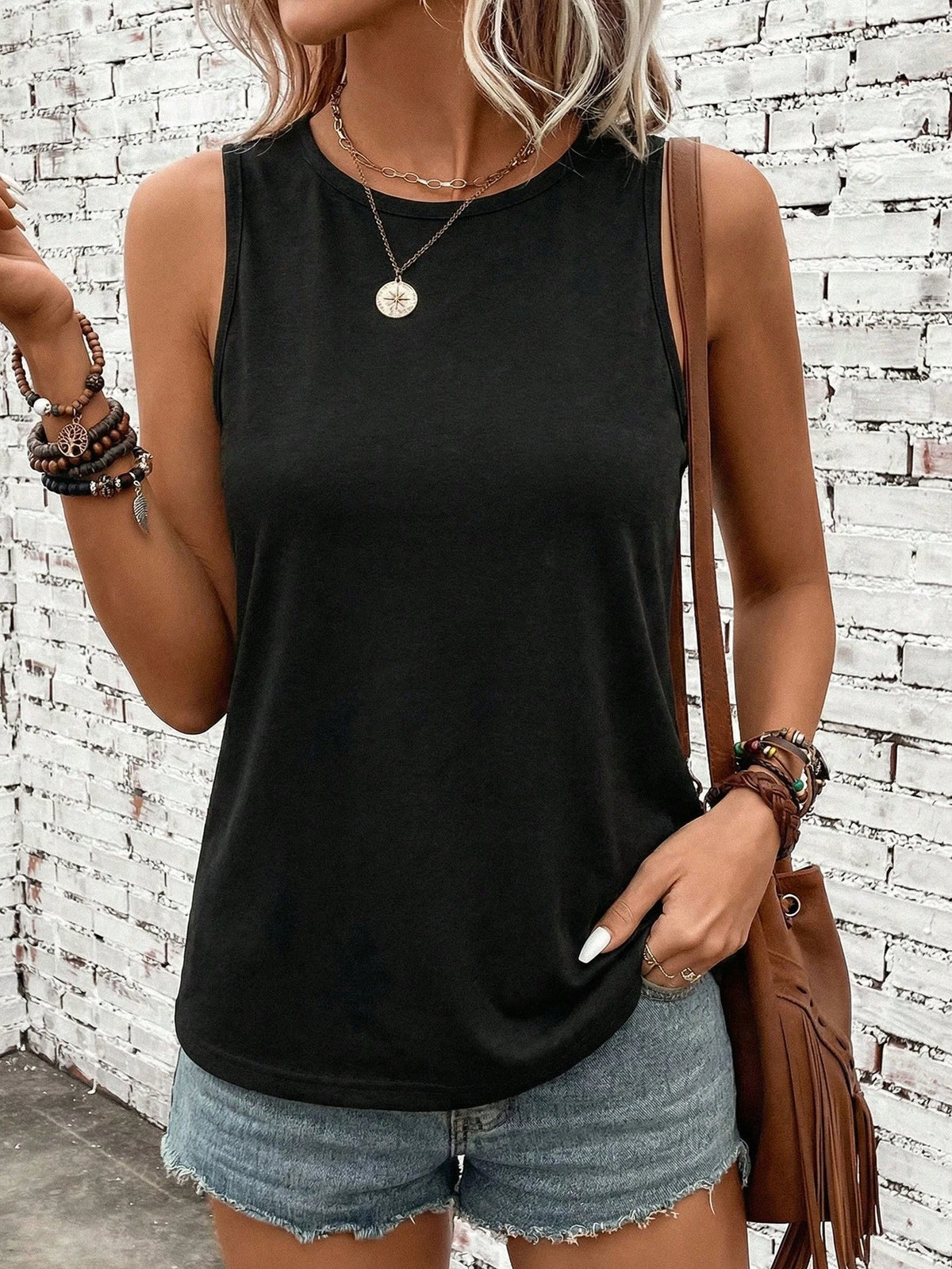 LUNE Women's Round Neck Sleeveless 95% Casual Solid Color Comfortable Outdoor Vest, Suitable For Summer,Summer Top
